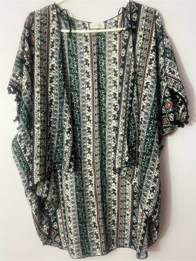 Poetry Boho Kimono Cardigan Elephant Floral Print Pom Pom Trim Open Front
